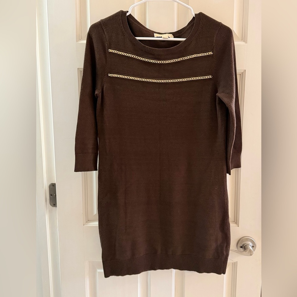 MICHAEL Michael Kors Chocolate sweater Dress with Gold Chain Detail - S